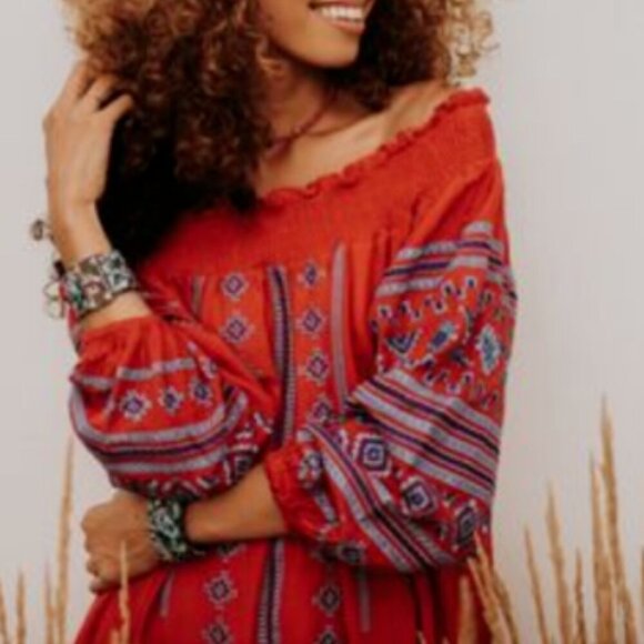 Anthropologie Ranna Gill Off Shoulder Dress Small Red Embroidered Peasant Cotton - Picture 10 of 11